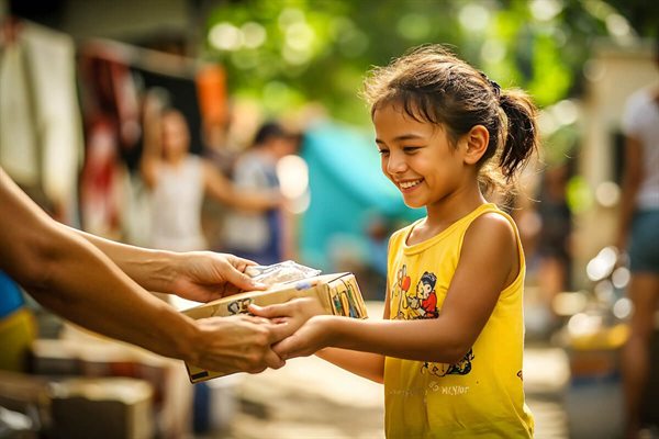 A smiling child receiving a care package at a community outreach programme