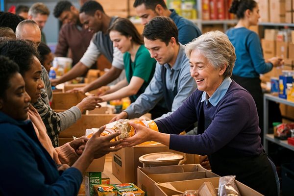 Community members handing packed food to visitors at a distribution table