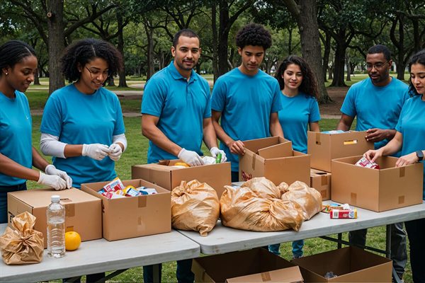 A team in blue shirts packing donated food and household supplies outdoors