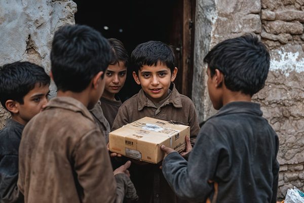 Children receiving a box of essential supplies outside their homes