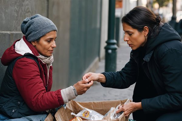A community worker offering direct assistance to a woman beside a supply box