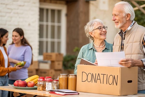Two senior community members standing beside a donation box and collected food