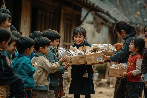 Children passing boxes of supplies to one another at a community programme