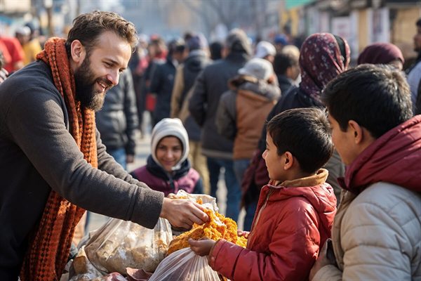 A community worker handing a winter relief package to a child